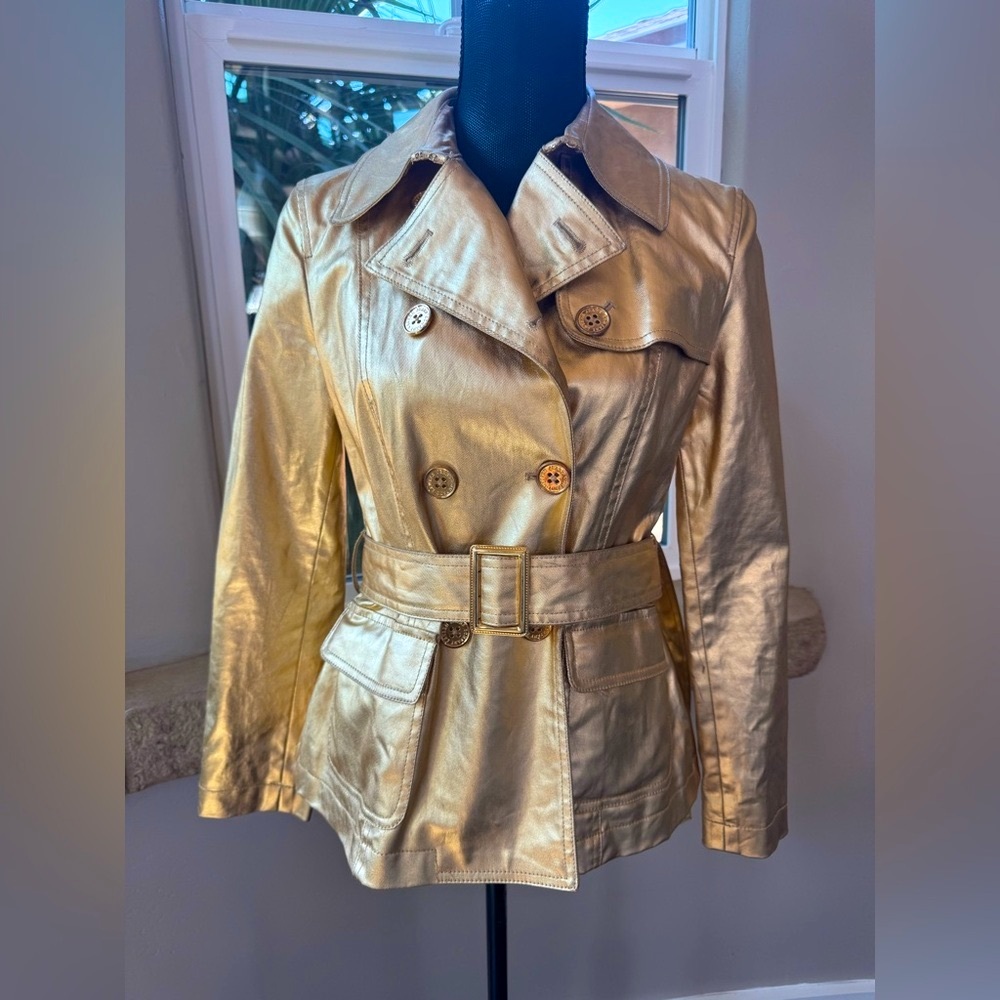 Vintage Ralph Lauren Metallic Twill Trench Coat Double-Breasted Women's Petite M